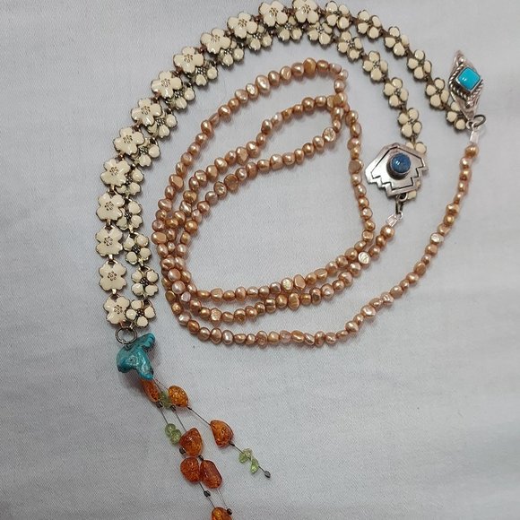 Dogwood, Amber, Turquoise, Pearl & Lapis Personal journey Manifestation Necklace - Picture 2 of 12